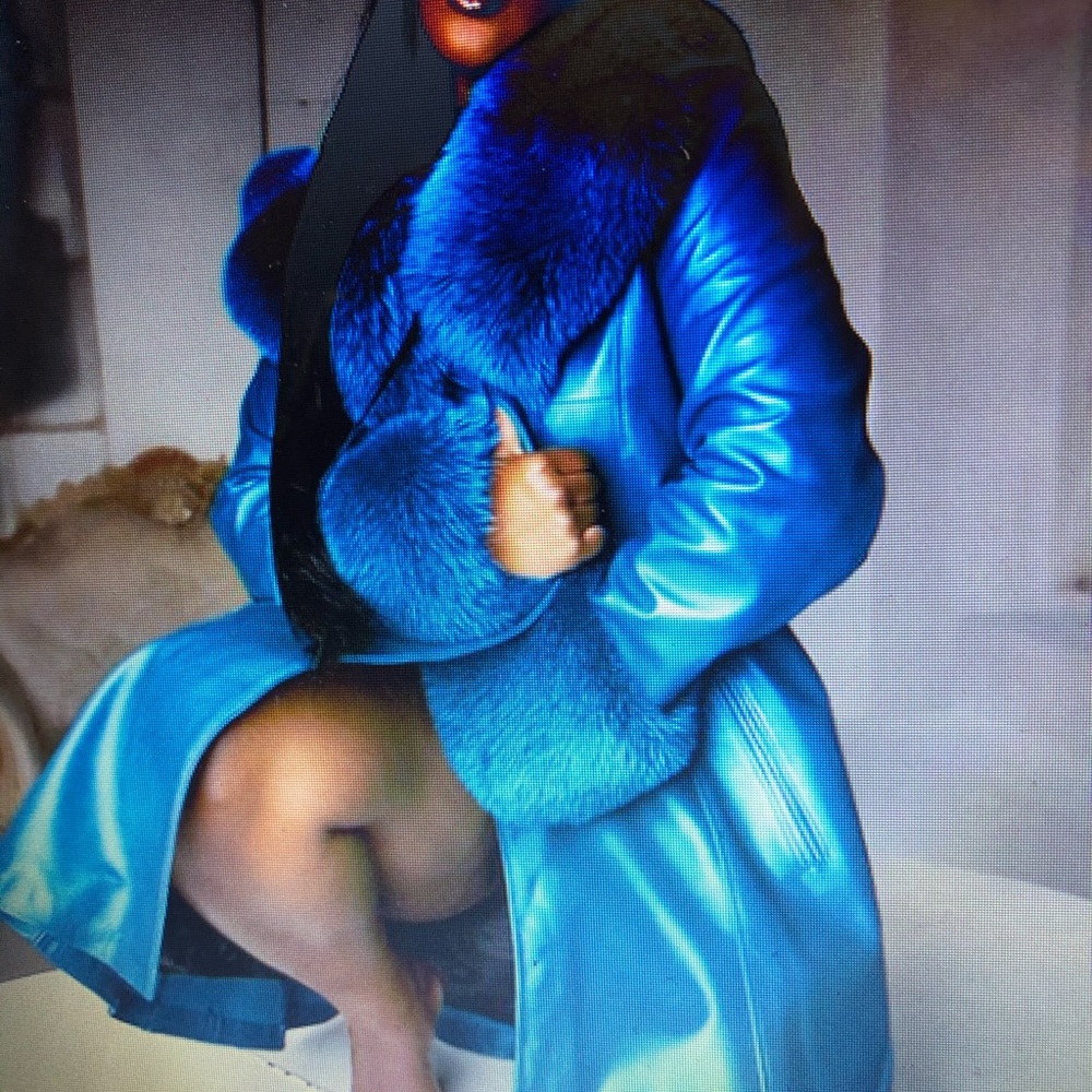 Bright blue leather coat
